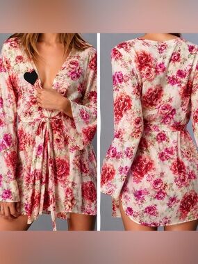 For Love & Lemons SKIVVIES Talk Dirty Floral Robe Cover Up One Size